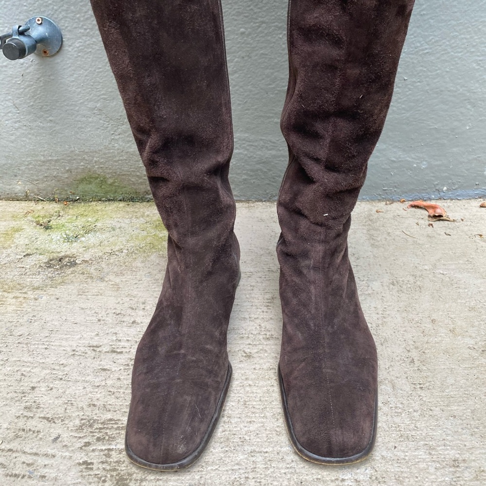 Brown Suede Knee High Boots square toe 1” high